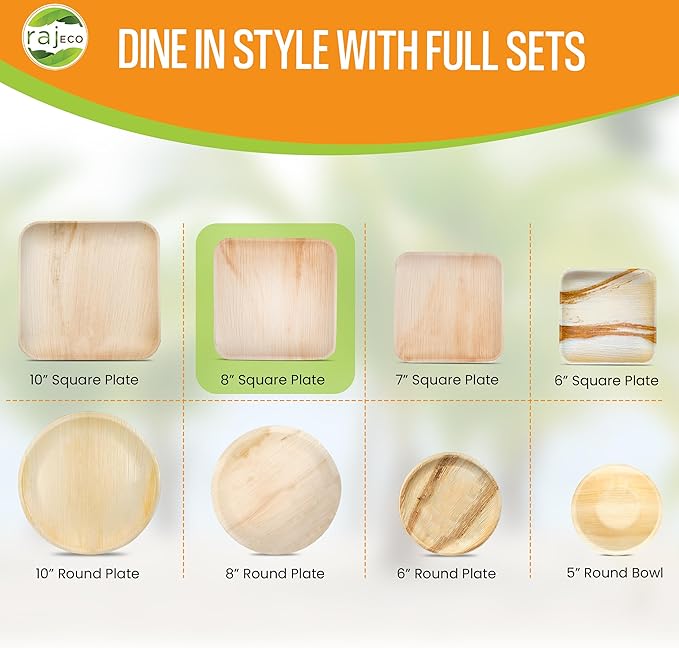 Raj Eco Compostable Palm Leaf Plates Like Bamboo Plates Disposable - 8 Inch Square 200 Plate, Natural wooden, Eco-Friendly, Fancy Biodegradable & Disposable Dessert Appetizer Wedding Plate
