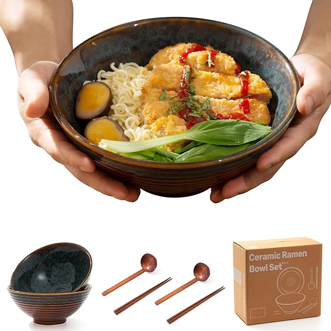 8 Inch Ceramic Ramen Bowl Set of 2, 40oz Japanese Bowls with Spoons & Chopsticks,Durable,Microwave & Dishwasher Safe,Perfect for Ramen,Pho,Salad,Soup,Noodles，Mixing bowls（Verdigris Green）