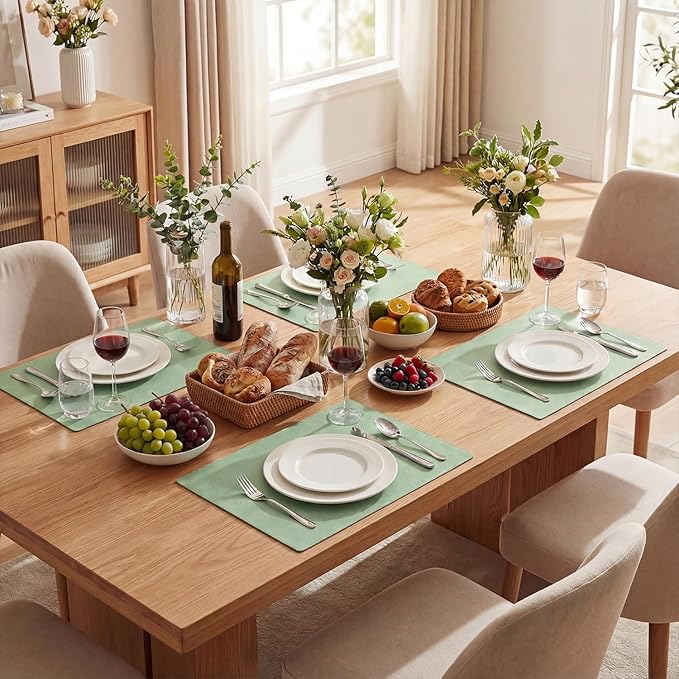 Artoid Mode Sage Faux Leather Placemats Set of 6, 12x18 Inch Waterproof Wipeable Heat Resistant Vinyl Place Mats, Reversible Table Mats for Spring Kitchen Dining Decor