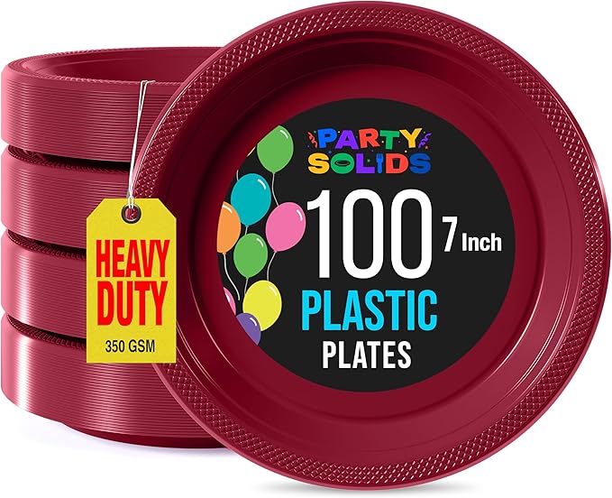 Burgundy Plastic Plates - 7 Inch, 100 Pack, 350 GSM
