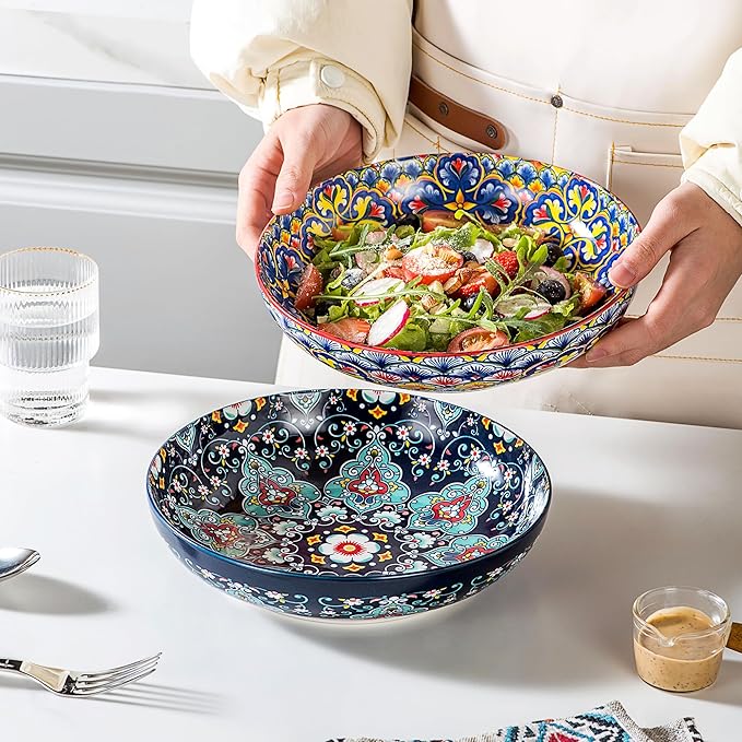 HENXFEN LEAD Pasta & Salad Bowls Set of 4, 45 oz Large Ceramic Serving Bowls – Colorful 9 Inch Wide & Shallow Bowls for Soup & Pasta, Microwave & Dishwasher Safe