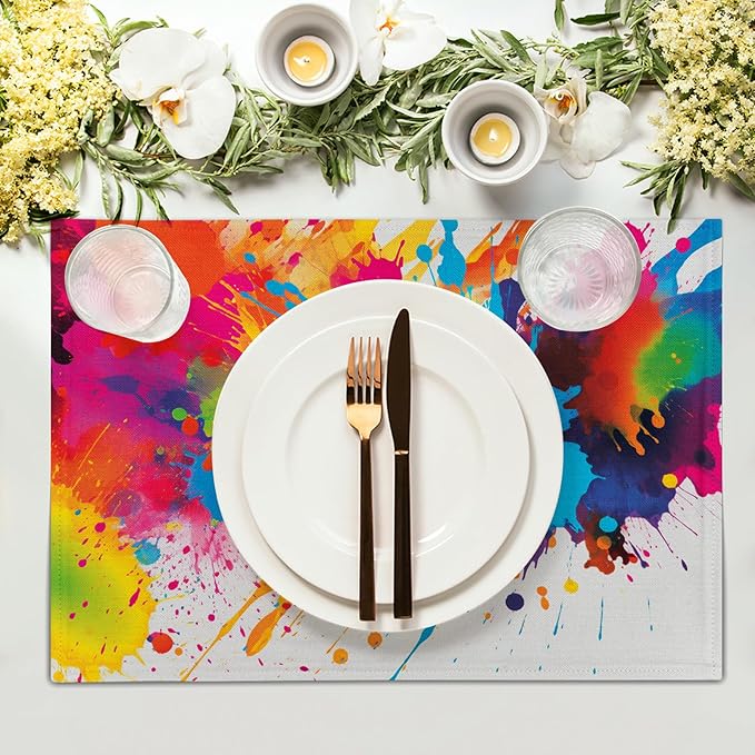 Colorful Placemats Set of 4 - Art Place Mats 12x18 Inch Rainbow Paint Splashing Artist Dining Table Place Mats for Home Party Dining