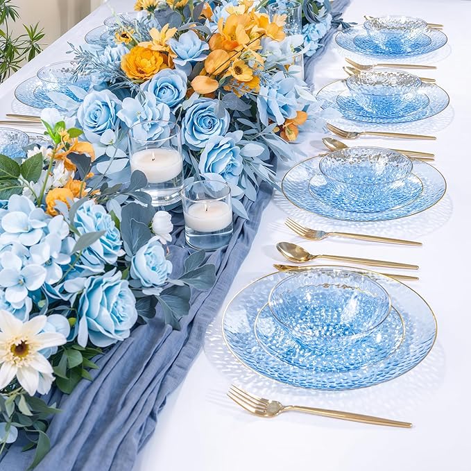 Rubtlamp 30 Pack Blue Disposable Bowls, Clear Plastic Bowls with Gold Rim, 12-16oz Premium Heavy Duty Plastic Dinner Bowls for Party, Wedding and Holiday