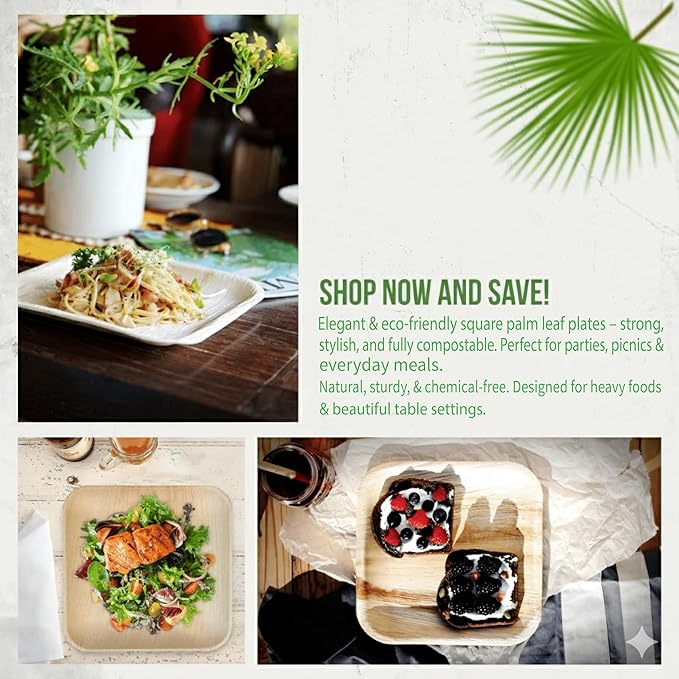Palm Leaf Plates 10 Inch (50-Pack), Square Bamboo Plates Disposable, Heavy Duty Compostable & Biodegradable Wooden Plates for Party, Catering Events, Weddings, & Dinnerware