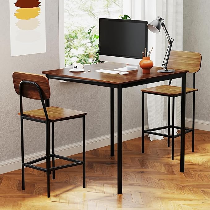 COSTWAY Dining Table Set for 4, 5-Piece Square Kitchen Nook Dinette Set with 4 Bar Stools with Footrest, Backrest, Space-Saving Design, Industrial Kitchen Table and Chairs for Apartment, Brown