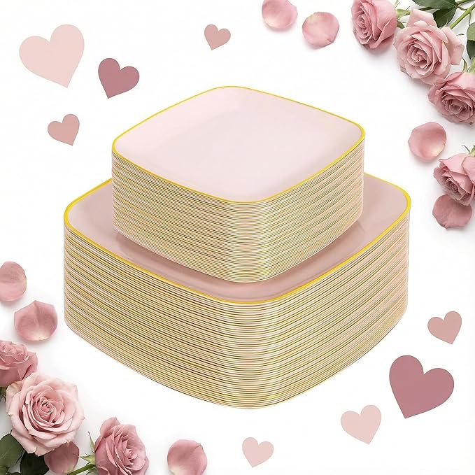 bUCLA 100PCS Pink Plastic Plates - Heavy Duty Square Pink and Gold Disposable - Include 50 Dinner 10 inch & 50 Dessert 7.25 inch Plates for Party & Valentines Day