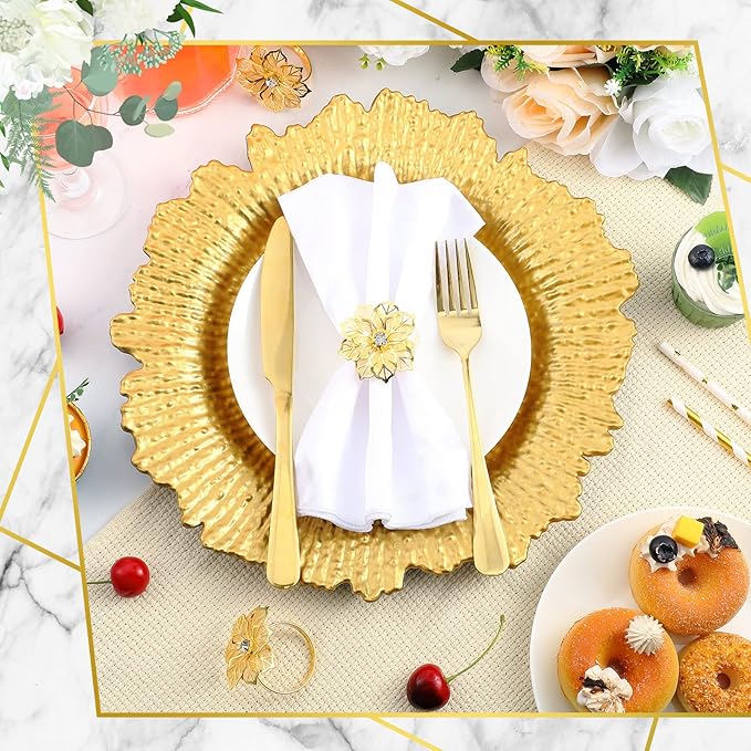 Dandat 24 Pcs Charger Plate Bulk 13'' Floral Reef Plates with Napkin Ring Plastic Dinner Charger Hollow Out Flower Napkin Holder Plastic Plate for Table Setting Wedding Party (Gold)