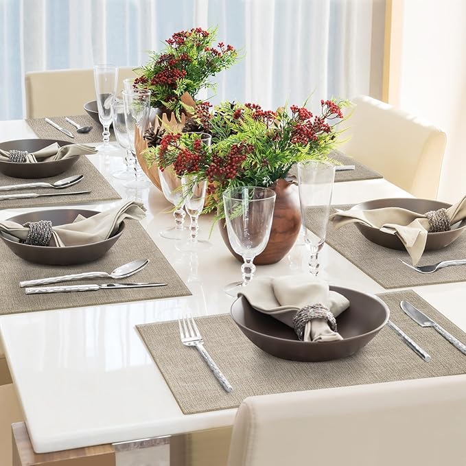 Faux Leather Placemats Set of 8 Washable PU Table mats for Kitchen Table - Heat Resistant, Waterproof, Easy Clean, Anti Slip 11.8" x 17" (Brown-8 Pack)