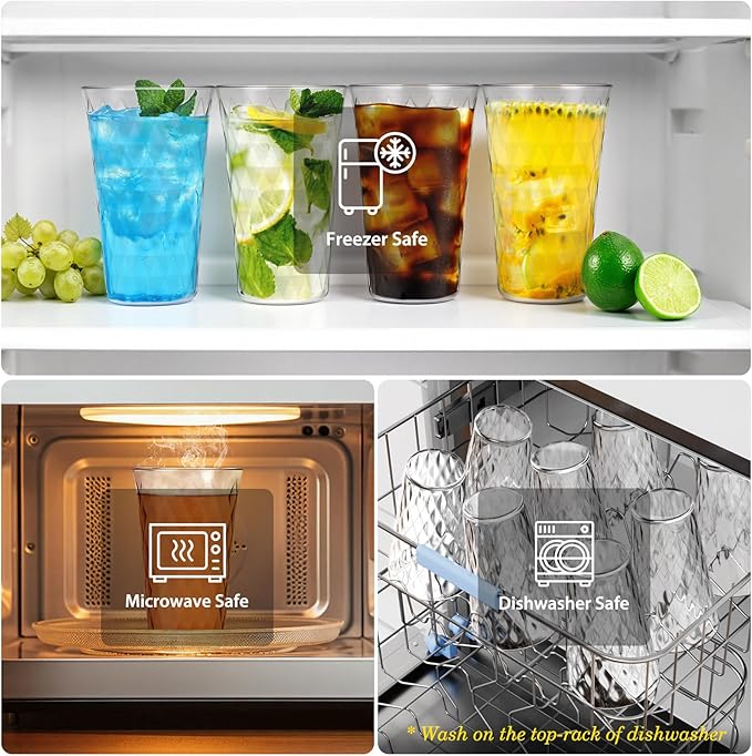 Freshmage 8 Pack 20 oz Unbreakable Plastic Drinking Glasses, All-Clear Reusable Drinking Cups- BPA Free, Dishwasher & Microwave Safe, Stackable Tumblers for Home, Outdoor, Camping, Picnic, Pool