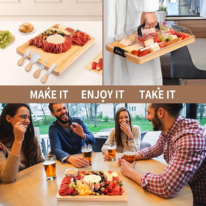 Charcuterie Board with Lid and Handle - Portable Travel Design Bamboo Cheese Board Set with 4 Cheese Tools, Gift for Housewarming, Weddings, Picnics (1 Compartment, White)