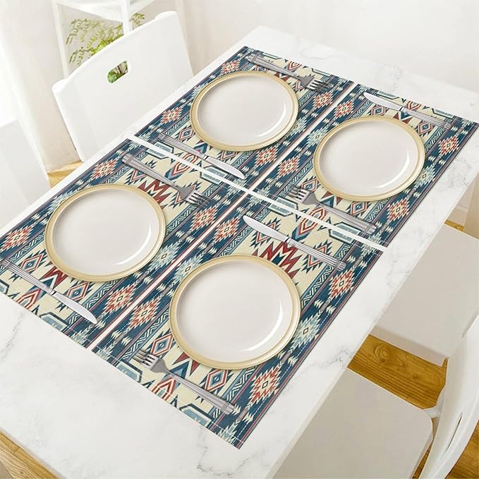 Ethnic Aztec Placemat Set, Vintage Bohemian Rustic Farmhouse Blue Red Mystic Native Tribal Geometric Totem Pattern Home Decor Linen Table Mats for Dining Room Kitchen Party (17x12in) x2P