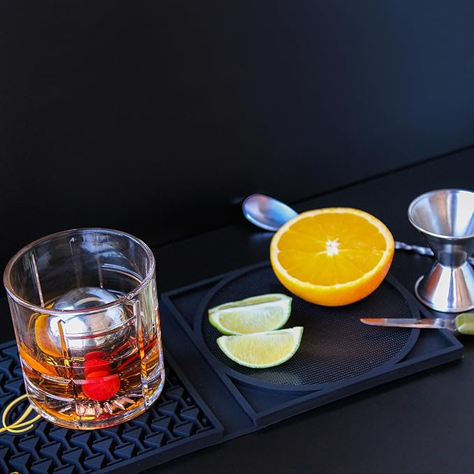 NobleSip Bar Mat 3in1 𝗜𝗡𝗡𝗢𝗩𝗔𝗧𝗜𝗩𝗘 with Cutting Board and Glass Rimmer "Legendary Bar". Upgrade your commercial cocktail station, or home bar with a multifunctional, compact, and stylish mat