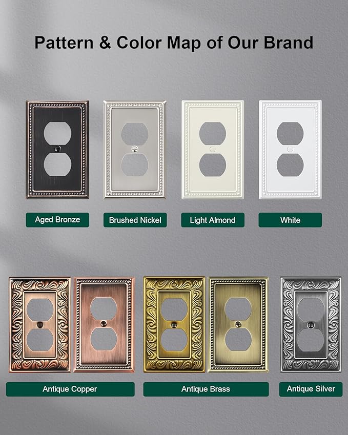 4-Pack Duplex Outlet Cover Plate, Light Almond Metal Wall Plates for Electrical Outlets, 1 Gang Receptacle Light Switch Cover, Pearls Decorative Switch Plates and Outlet Covers