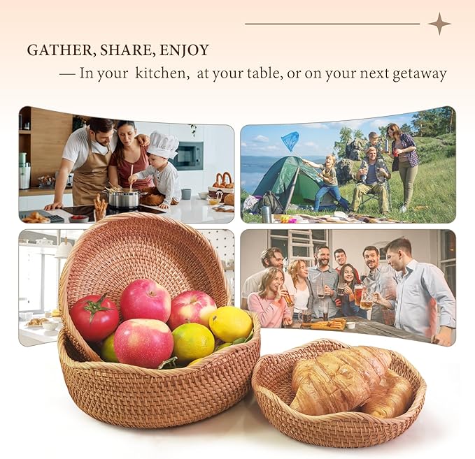 Artisanal Rattan Bread Baskets for Serving, Hand Woven Decorative Bowl, Natural Wicker Fruit Basket for Kitchen Counter, Bread Basket for Serving, Fruits, Snacks, Nuts, Keys, Wallets, Etc.(Wave-Combo)