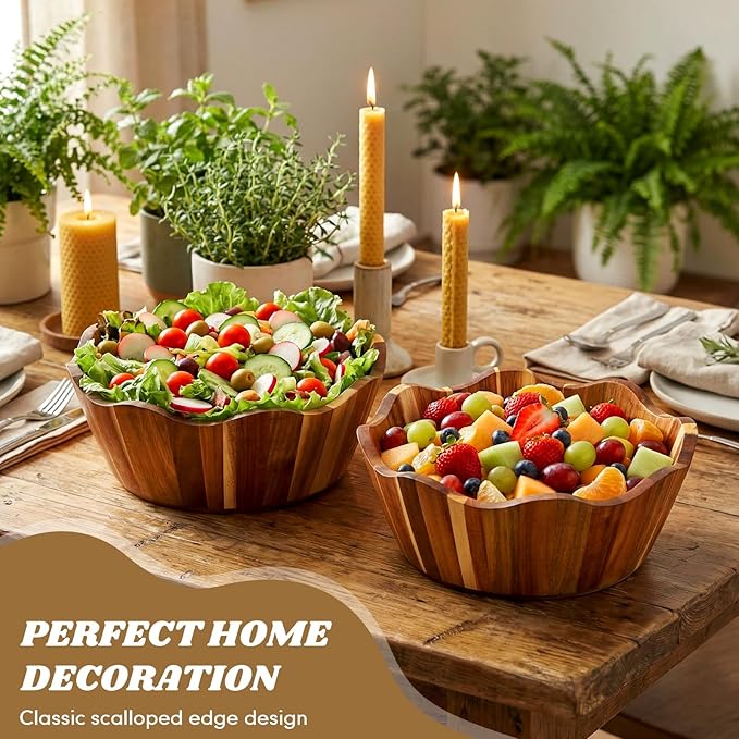 2 Pcs Scalloped Decorative Wooden Bowl 12 Inch Acacia Wood Fruit & Salad Serving Bowl Handcrafted Farmhouse Kitchen Serveware for Fruit, Pasta, Snacks and Home Decor