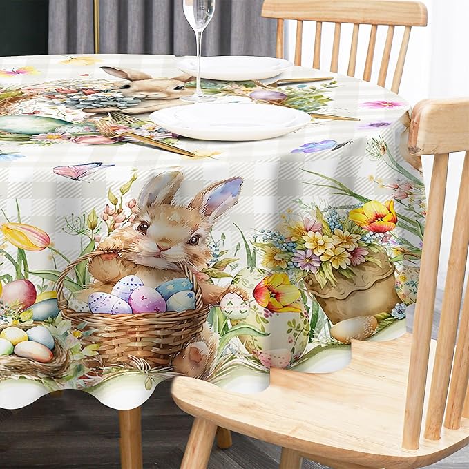 Easter Tablecloth 60 x 120 Inch Rectangle, Easter Bunny Table Cloth Buffalo Check Plaid Kitchen Table Cover for Dining Room Spring Oblong Tablecloth Indoor Decor