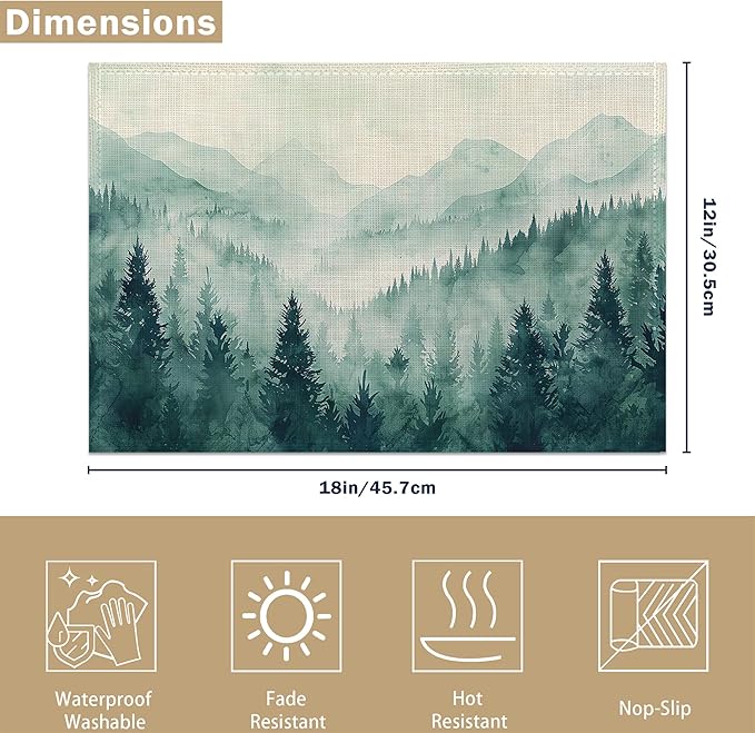Placemats, Watercolor Forest Landscape Placemats 12x18 Inch Waterproof Non-Slip Washable Table Mats for Kitchen Dining Party Table Decor,Set of 6