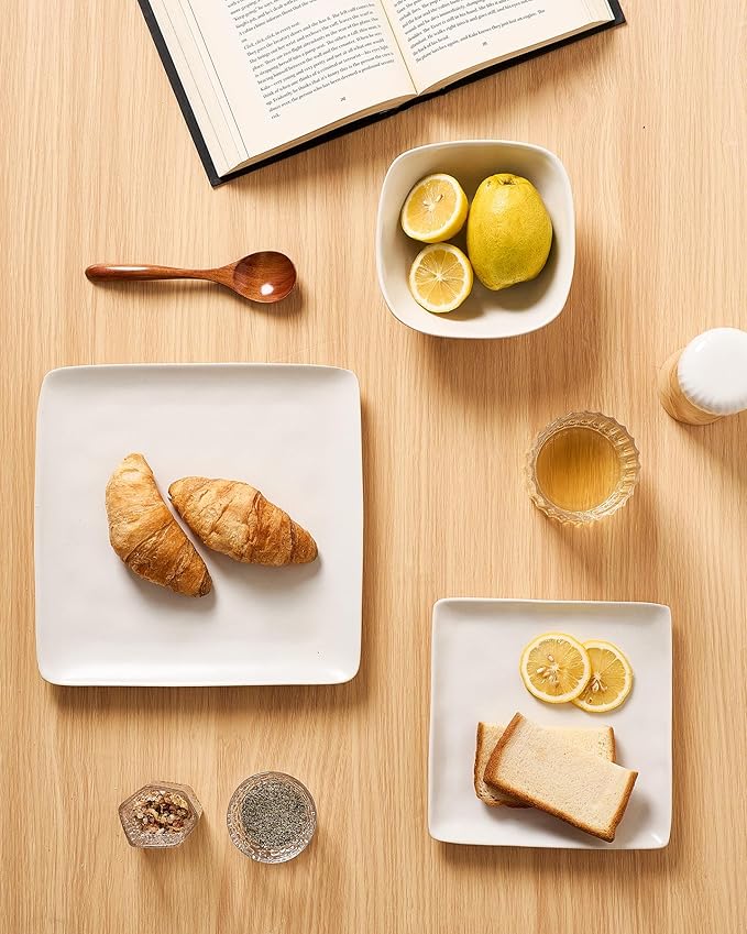 Famiware Dinnerware Sets for 6, Ocean Square 18-Piece Kitchen Plates and Bowls Sets, Microwave and Dishwasher Safe, Scratch Resistant, Matte White