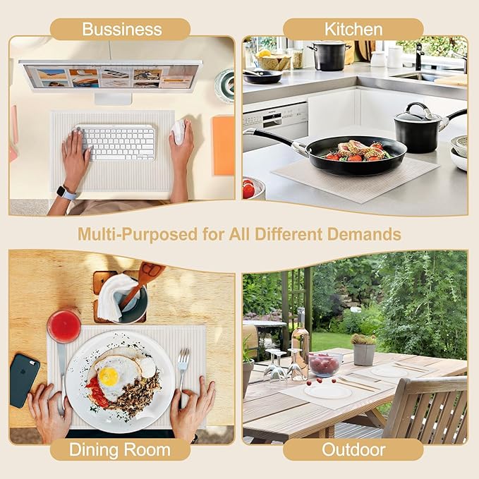 Bamboo Placemats with Fabric Border Set of 8 Natural Bamboo Rectangular Rolling Table Mats for Dining Kitchen Table Heat Resistant Table Protection White