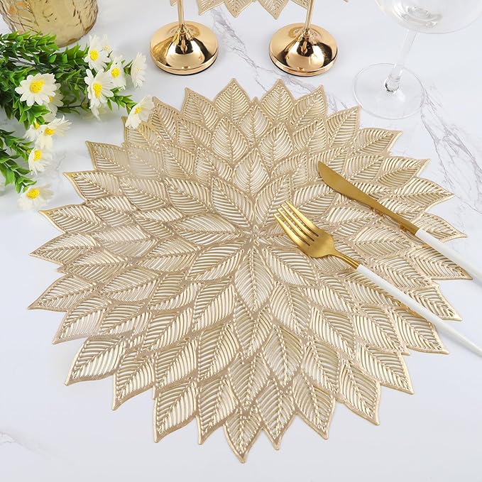 Placemats Set of 6, Round Hollow Out Flowers Place Mats for Dining Table Pressed Vinyl Blooming Leaf Table Mats for Holiday Party Wedding Accent Centerpiece Dinner Decoration (Gold)
