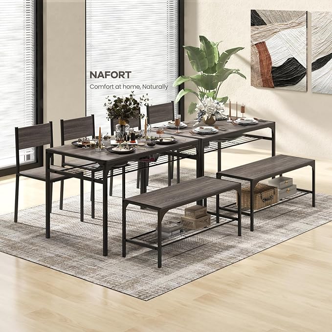 NAFORT Kitchen Table Set for 4, Space-Saving 4-Piece Dining Table Set with Bench and 2 Chairs, Industrial Rectangular Dining Room Set with Storage Shelves for Apartment, Kitchen&Dining, Restaurant