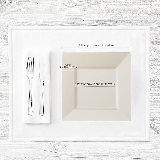 Smarty Had A Party 120 Disposable Plastic Dessert Plates, 6.5" Heavy Duty Square Ivory Salad Plates for Appetizers, Cakes, and Events, Bulk Supplies for All Occasions