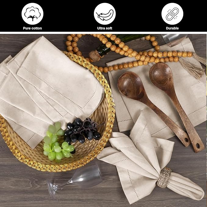 Bedding Craft Linen Flax Cotton Cloth Napkins 18x18 Set of 24 – Natural Hemstitched Corners – Machine Washable Fabric Napkins for Dinner, Weddings, Baby Showers & Everyday Table Settings