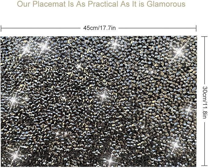 Black Placemats Heat Resistant Square Mat Set of 8 - Dark Trivets With Rhinestone Decor, Crushed Diamond Bling Sparkly Place Mat