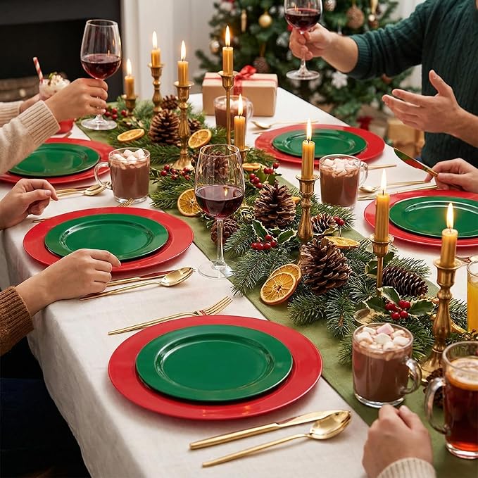Rubtlamp 60 Pcs Plastic Christmas Plates, Heavy Duty Plastic Plates, Red Green Disposable Plate, 30 Red Dinner Plate And 30 Green Dessert Platos for Chrismas Party, Gatherings, Celebrations