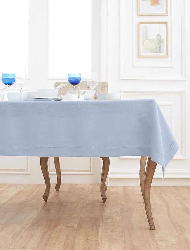 Solino Home Linen Tablecloth 60 x 120 Inch - Classic Hemstitch 100% Pure Linen Sky Blue Table Cloth for Rectangle Tables - Machine Washable Tablecloth for Spring, Easter