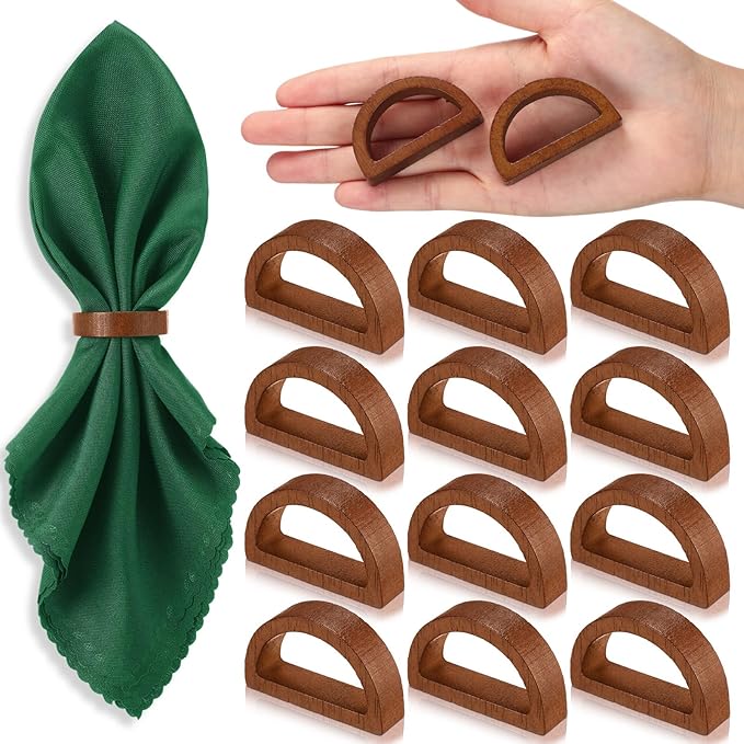 Remerry 12 Pcs Wooden Napkin Rings Handmade Dining Napkin Holder Buckles Farmhouse Semicircle Serviette Ring for Xmas Gathering Everyday Use Harvest Wedding Table Setting (Wood Color)