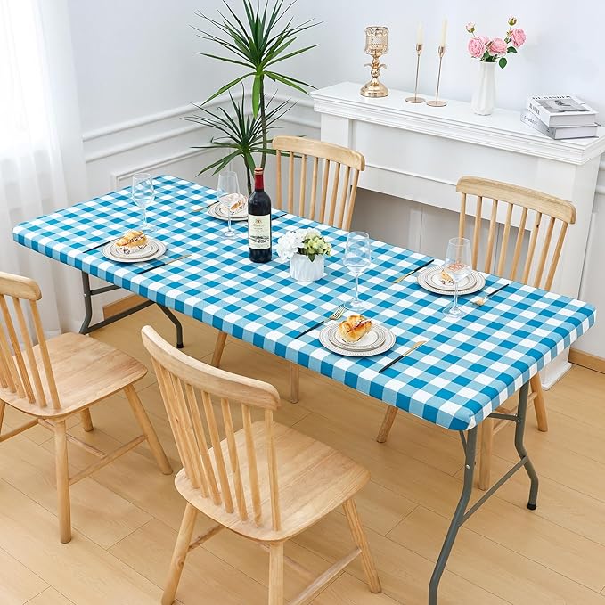 Smiry Rectangle Picnic Table Cloth, Elastic Waterproof Fitted Vinyl Tablecloths, Flannel Backed Buffalo Plaid Table Covers for Dining, Camping, Outdoor (White and Turquoise, 24" x 48")