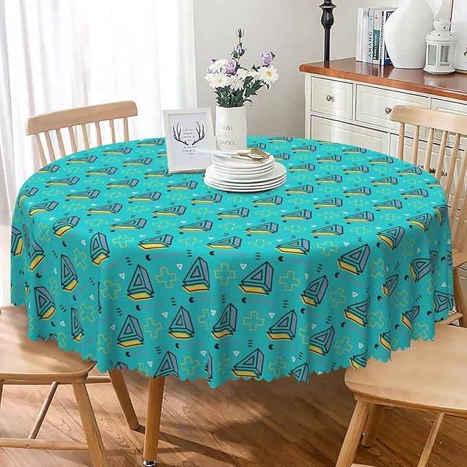 Laeacco 24 Inch Geometric Round Tablecloth Turquoise Triangle Pattern Modern Abstract Art Print Table Cloth Washable Waterproof Wrinkle Free Table Cover for Kitchen Dining Picnic Party Decoration