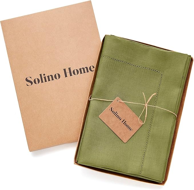 Solino Home Linen Napkins Set of 4 - Classic Hemstitch 100% Pure Linen Avocado Green Dinner Napkins Cloth 20 x 20 Inch for Winter, Spring, Easter, St Patricks Day - Handcrafted and Machine Washable
