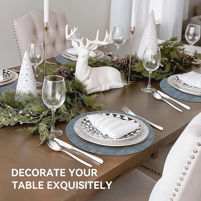 13" Round Placemats Set of 8, Reversible Faux Leather Heat Resistant Table Mats, Waterproof Oilproof Wipeable Table Protective Placemats for Vinyl, Washable for Indoor & Outdoor Use (8, Light Blue)