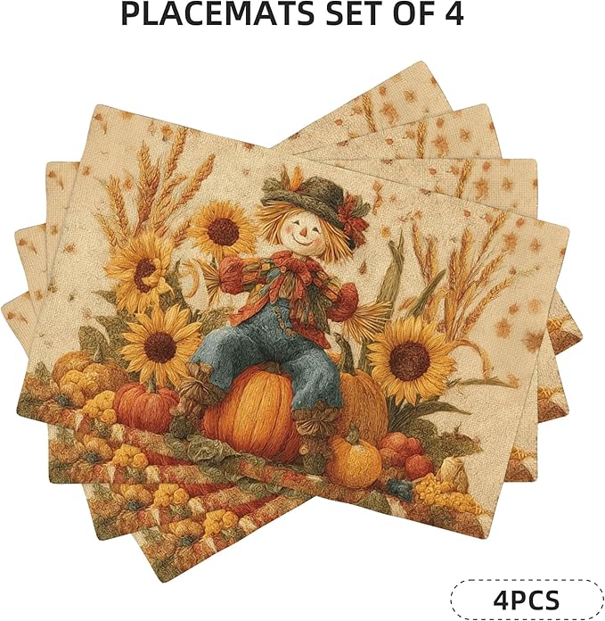Thanksgiving Scarecrow Placemats Set of 4 Washable Table Place Mats for Dining Kitchen Party Decor