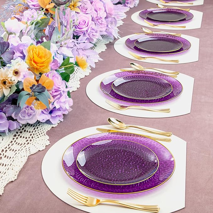 Hioasis 60pcs Purple Plastic Plates - Gold Rimmed Disposable, Hammered, Heavy-duty Dinnerware Set Suitable for 30 Guests, 10.25" Dinner & 7.5" Dessert Plates for Party & Wedding
