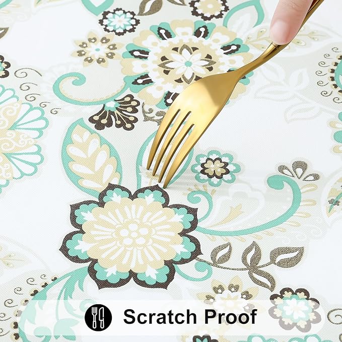 Smiry Rectangle Table Cloth Cover, Waterproof Elastic Fitted Picnic Tablecloth for 8 Foot Tables, Wipeable Flannel Backed Vinyl Tablecloths for Camping, Dining, Outdoor (Teal & White, 30" x 96")