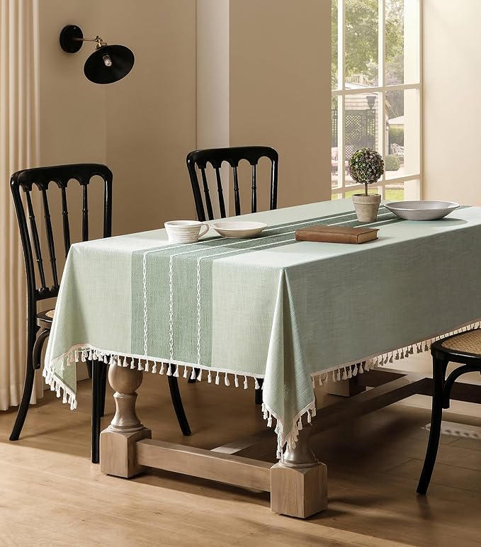 ZeeMart Contrast Linen Table Cloth Rectangle Table Cloths 60x104 Inch Green, Farmhouse Style Heavy Weight Sage Green Tablecloth, Water Resistant Burlap Tablecloths