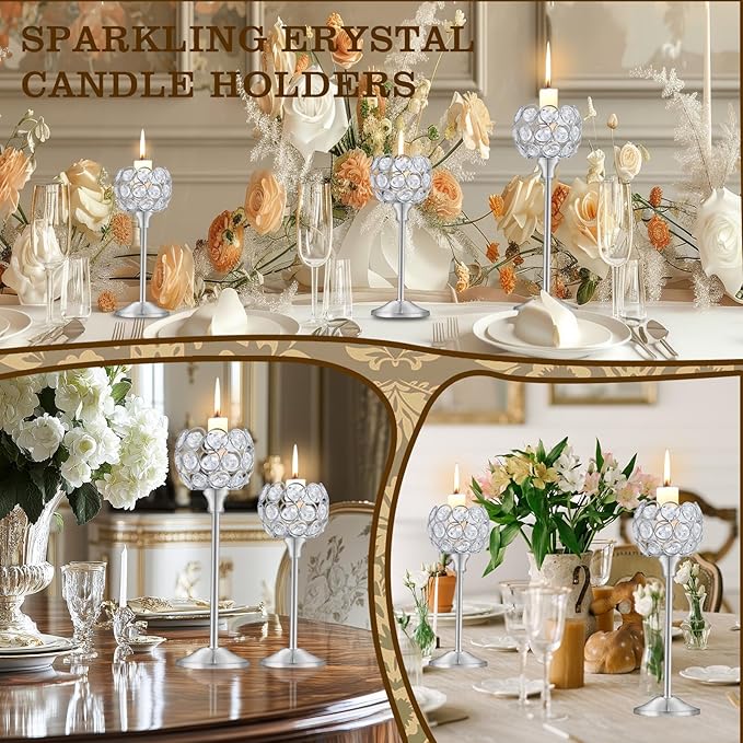 Crystal Metal Tealight Candlestick, Bling Bowl Candelabras, Tall Crystal Candle Holders Elegant Candle Centerpiece for Dining Table Wedding Home Mantel Decor (Silver, 2 Sets(6 Pcs))