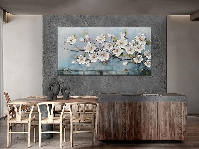 Anolyfi White Textured Flowers Wall Art for Living Room Canvas Wall Decor, Modern Elegant Landscape Wall Art for Dining Room Hallway Office Home 48"x24"