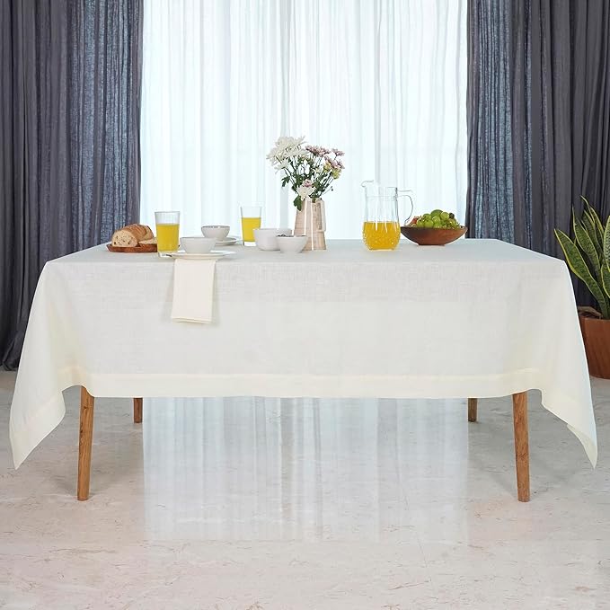 D'Moksha Homes Ivory Linen Tablecloth 60 x 144 Inch - 100% Pure Linen Table Cloth for Rectangle Tables - Machine Washable Tablecloth for Valentines, Spring, Easter