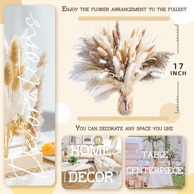 120PCS Natural Pampas Grass Mix Bouquet | Dried Pampas Bouquet for Wedding Boho Flowers Home Table Decor Desk Decor, Rustic Farmhouse Decor (120PCS)