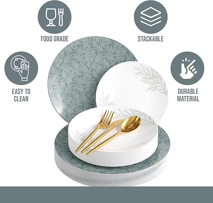 Trendables Fancy Plastic Dinnerware Sets 200 Pc Set 40 Guests Gold Silverware Disposable 40 X 10 Inch Charger Plates 40 X 8 Inch Dessert Plates 40 x Gold Plastic Forks and Spoons Knives In Aleh