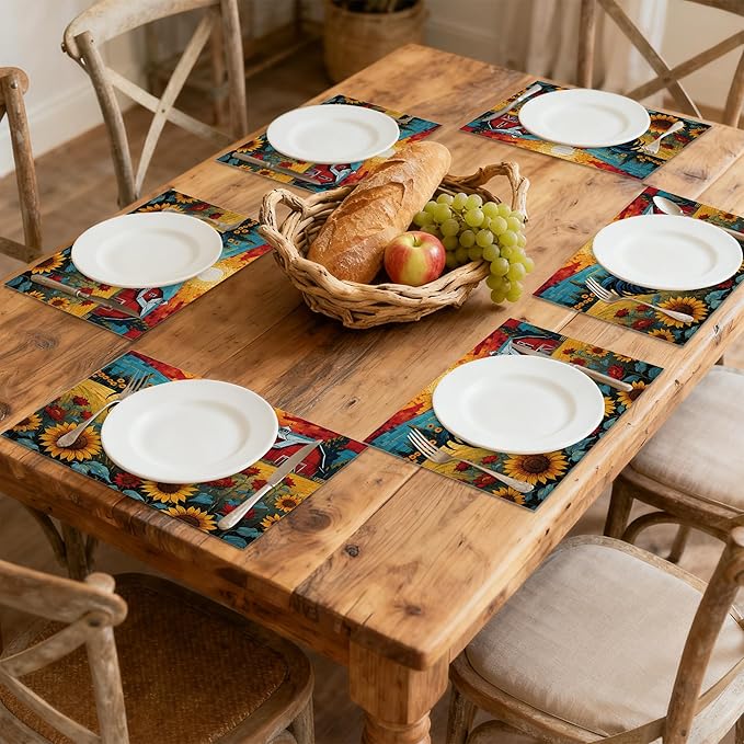 Painting Sunflowers Rooster 12x18 Inch Placemats Set of 6 - Waterproof, Non-Slip & Washable Table Mats for Kitchen & Dining Table Placemats