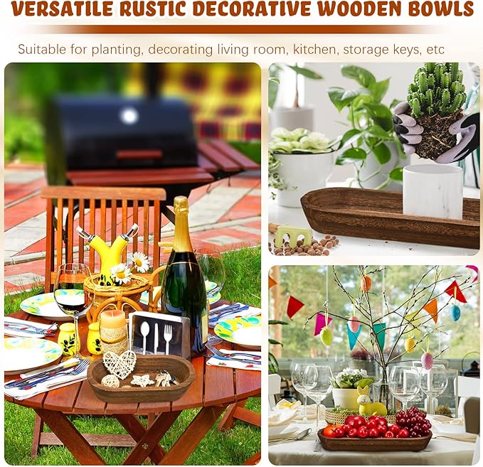 Tessco 2 Pcs Wooden Dough Bowl for Home Rustic Bread Long Wooden Bowl for Kitchen Dining Table Home Decoration(10 x 6 x 2 Inch, 16 x 6 x 2 Inch,Brown)