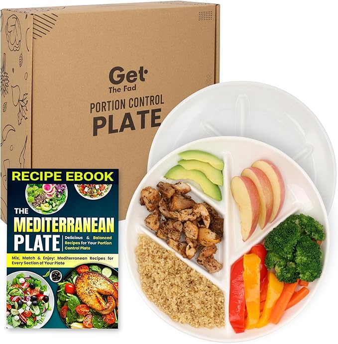 GetTheFad Portion Control Plate (Porcelain) Set of 2, 9.3 Inch Divided Portion Plates for Weight Loss Adults, Divided Dinner Plates for Adults, Healthy plates for adults, My plate for Weight Watchers