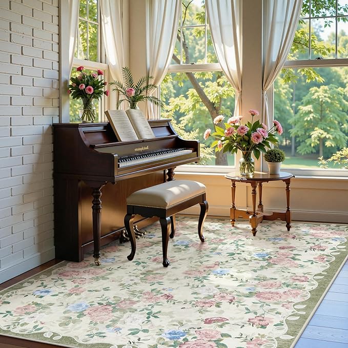 Lahome Floral Washable 5x7 Rug, Boho Area Rug for Bedroom,Vintage Living Room Rugs Non Slip Low Pile Ultra-Thin Large Carpet for Farmhouse,Dining Room,Kids Playroom(5'X7',Cream/Green)