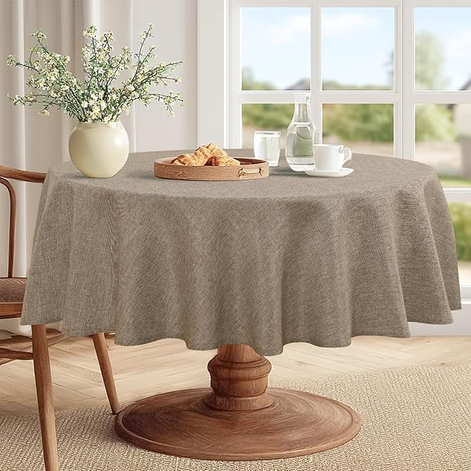JIUZHEN Faux Linen Round Tablecloths 54 inch, Decorative Wrinkle Free Texture Rustic Circle Table Cloth Cover for Kitchen, Dining, Party, Wedding, Outdoor Use (54 Inch Round,Khaki)