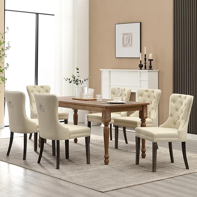 KCC Faux Leather Dining Chairs Set of 6, Upholstered High-end Tufted Dining Room Chair with Nailhead Back Ring Pull Trim Solid Wood Legs, Contemporary Nikki Collection Modern Style for Kitchen, Beige